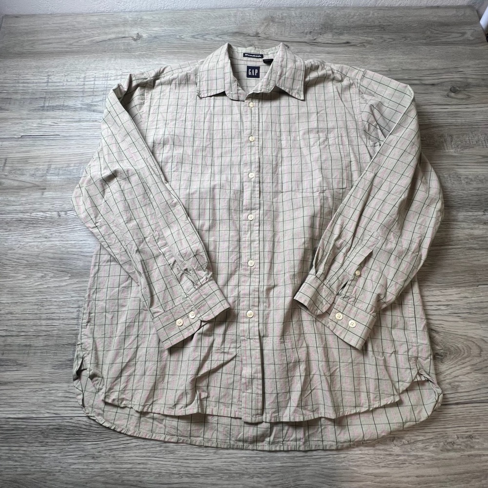Gap Button Down Shirt Men L Tan Pink Windowpane Check 80s Two-Ply Poplin Vintage